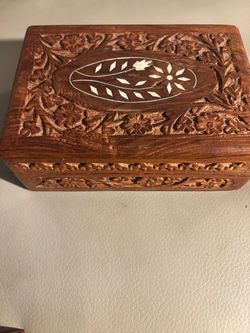 Hand-Carved Wooden Jewelry Box with Inlay