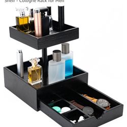Wooden Cologne Organizer for Men - 2-tier Cologne Stand with Drawer - Black Cologne Holder - Cologne Tray - Perfume Organizer for Men - Cologne S