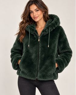 Green Faux Fur Hooded Zip-Up Jacket
