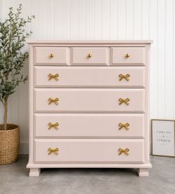 Solid Wood Blush Pink Dresser with Gold Bow Hardware- Refinished