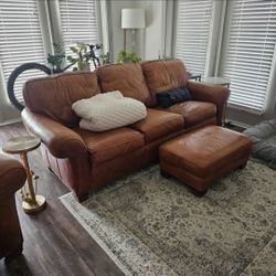 Plush, Oversized Real Leather Sofa, Two Chairs, and Ottoman