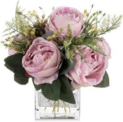 ENOVA FLORAL Artificial Flower Arrangement with Vase,Mixed Artificial Fake Silk Peony Flower in Vase for Decoration Home Office, Wedding Centerpiece (