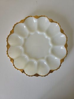 Deviled Egg Plate Anchor Hocking Milk Glass with Gold Trim