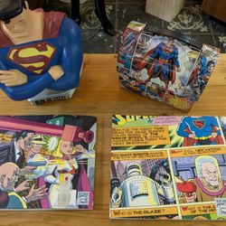 Vintage Batman And Superman Comics Busts Lunch Box And Cookie Jar