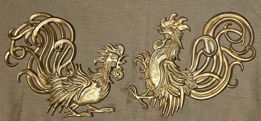 Vintage Vermay, Gilt Metal Fighting Roosters, Wall Hangings, Mid Century Home Decor, Farmhouse Chic, lot of 2