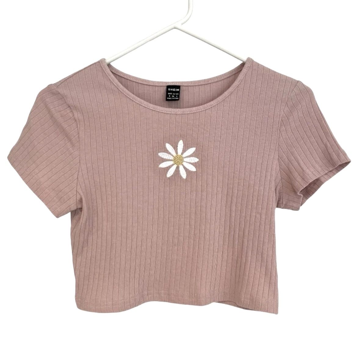 Shein Womens S EZwear Crop Tee Floral Daisy Flower Dusty Pink 