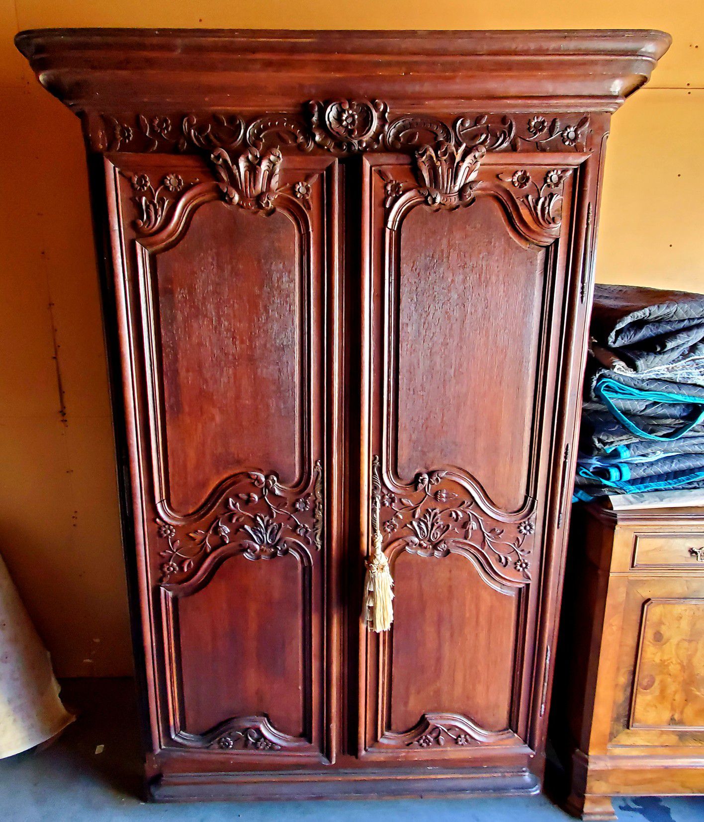 Antique Walnut Armoire with hand carved flowers, Normandy style