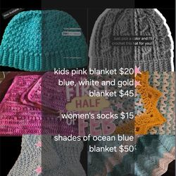 Treat yourself! Crocheted hats, blankets, socks, and scarves