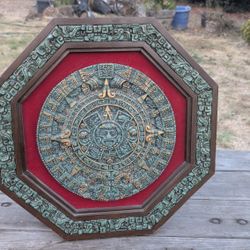 18.5" Aztec Sun Stone Calendar Wall Plaque with Red Velvet Background Frame