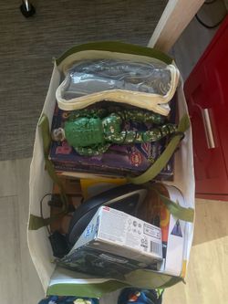 Bag filled with toys and electronics