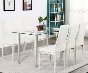 Hot 7 Piece Dining Table Set 6 Chairs Glass Metal Kitchen Room Furniture White