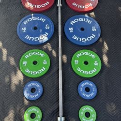 Rogue Calibrated plate set with stainless Rogue Ohio power bar for sale