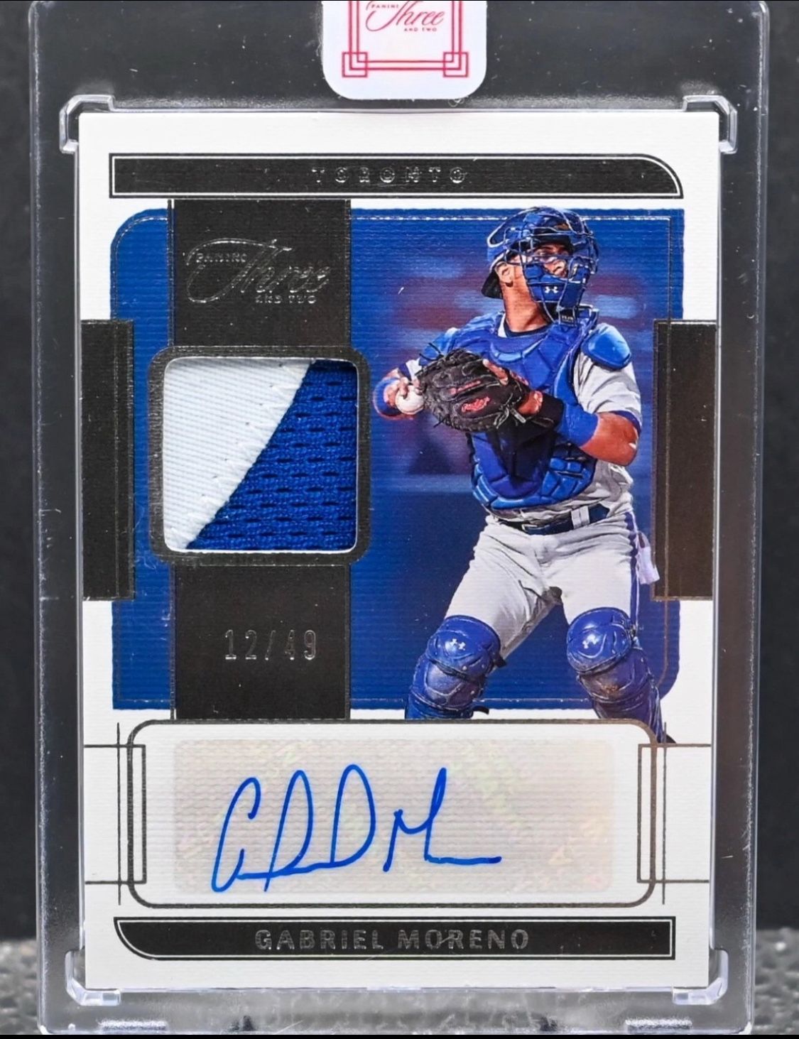 Gabriel Moreno 2022 Panini Three and Two RC Patch Auto Autograph 12/49 Blue Jays