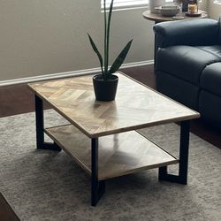 Mosaic Mango Wood 2-Tier Coffee Table – Refinished in Satin Wood & Black Enamel