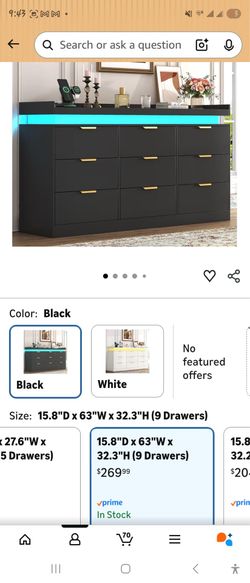 Black Dresser with LED Light 9 Drawers (unbuilt, with all parts)