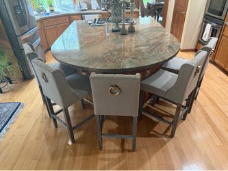 Set of 5 Wingback Bar Stools – Tufted Linen with Decorative Ring Backs