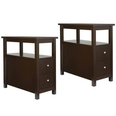 New Set Of 2 Brown End Table/ Nightstands w/ Drawers 3-Tiers Storage Shelf Unit Narrow Side Tables