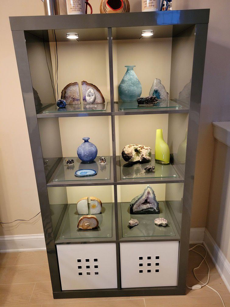 Two Bookcases, With LED, Glass Shelves Liners, Great Condition,  Grey Color,  Glossy Finish With White Drawers