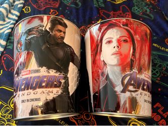 Avengers, endgame, popcorn, bucket, duo, black widow, and Hawkeye