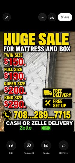 Huge sale for Mattress And Box brand  new Twin size #mattress and box 150.$ full 190$ Queen 200$ king 290$. free delivery free set up 708….289…7715… c