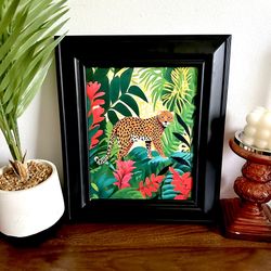 Jungle Cat Leopard Tropical Floral Leaves Canvas Art Print Black Framed Wall Art