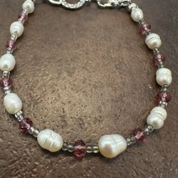 Handmade Fresh Water Pearls With Austrian Crystals Bracelet For Women.