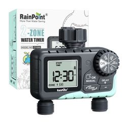 RAINPOINT Water Timer for Garden Hose - 2 Zone Sprinkler Timer with Rain Delay/Manual Watering/Automatic Irrigation Controller System - Water Hose Tim