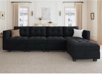 Sofa with Storage Seat Convertible  Velvet 4-Seater Sofa with Reversible Chaise, Black