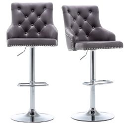 SET OF 2 Gray Swivel Rotating Upholstered Dining Adjustable Seat, High Back Stool Bar Chair Gray Tufted 