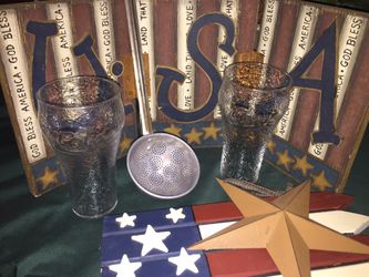 America Country USA Coca-Cola Glasses Home Decor Red WHITE Blue Stars Vintage Kitchen Man Cave Americana