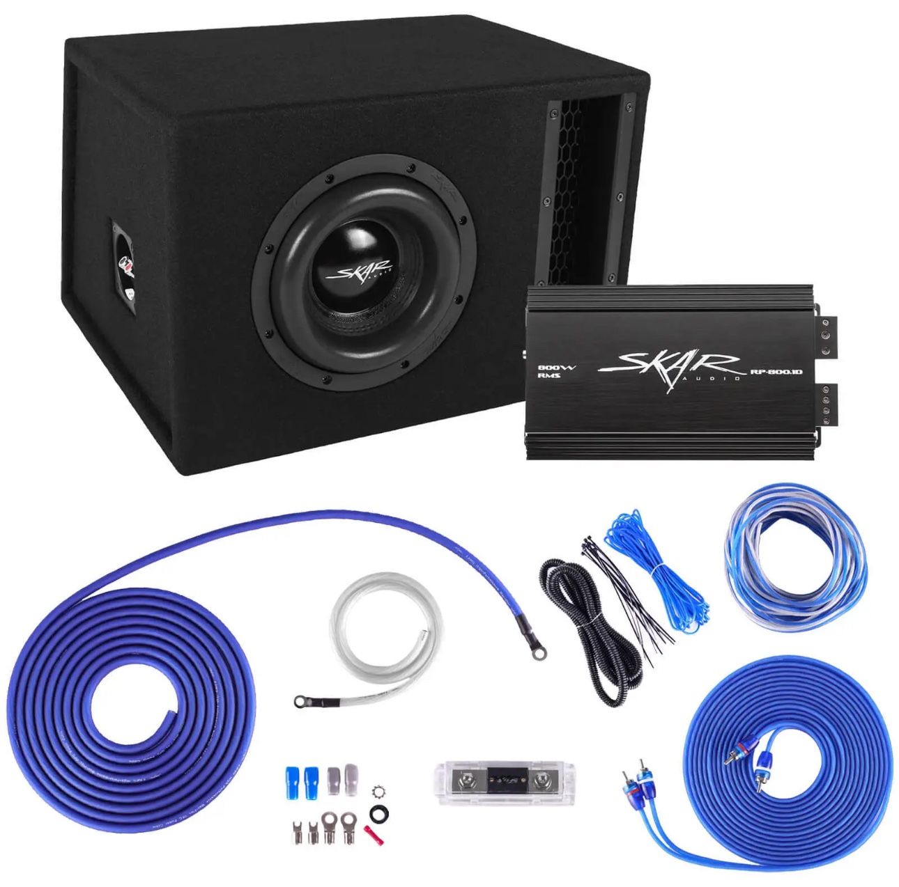 SKAR AUDIO SINGLE 8" 1200 WATT EVL SERIES BASS PACKAGE W AMPLIFIER AND WIRE KIT