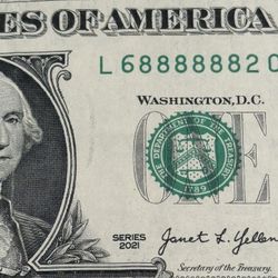 Six 8’s All In A Row/Trinary Fancy Serial Number $1 Dollar Bill