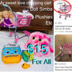 $15 Big Bundle of Play set toys, Shopping cart, Doll,plushies groceries toys