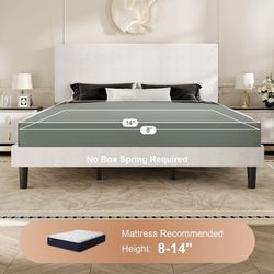 King Size Bed Frame, Platform Bed Frame with Upholstered Adjustable Headboard, White, Nubby Fabric