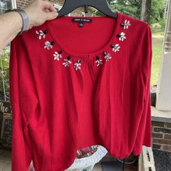 Ladies Red Jeweled Cable & Gauge Sweater L Large