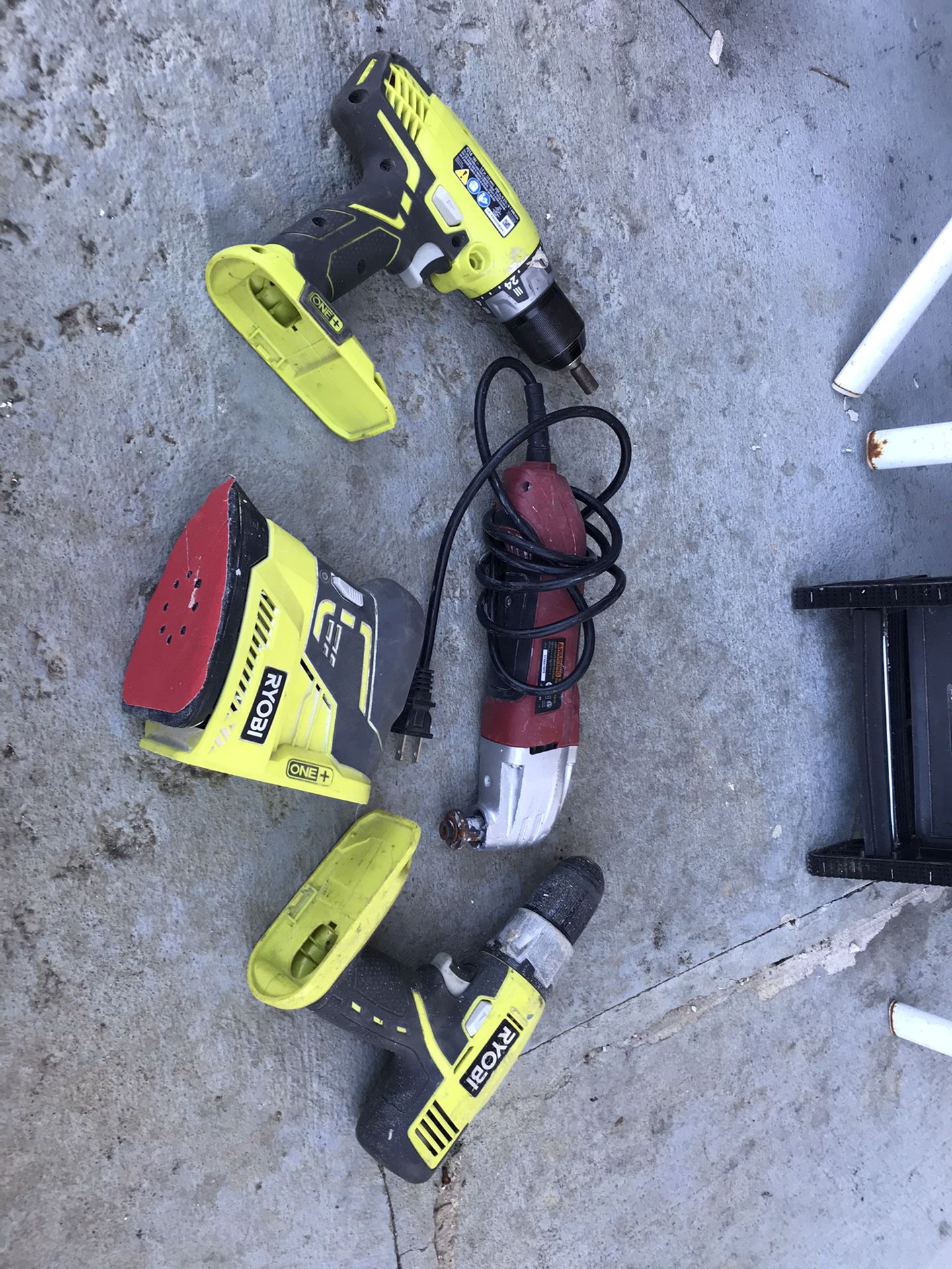 2 ryobi drills and sander with Chicago electric multi tool.