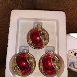 3 Glass Red And Gold Christmas Ornaments
