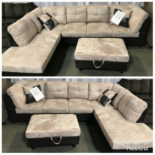 Brand New Beige Microfiber Sectional With Storage Ottoman