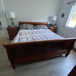Cherry Wood Sleigh Bed Frame with Nightstands