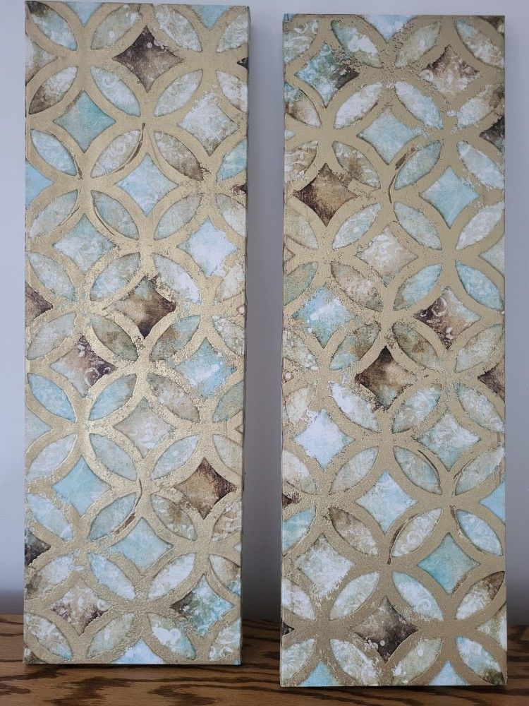 2 piece beautiful geometric pattern turquoise and gold wall art