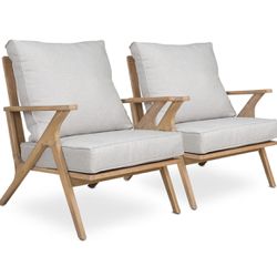 Set Of 2 - Boho Accent Acacia Solid Wood Armchairs w/ Beige Linen Cushions  [NEW IN BOX]  **Retails For $300