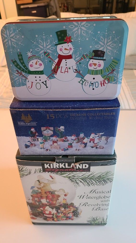 Musical Waterglobe Globe, 15 Piece Dickens Collectables And Snowman Tin