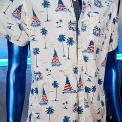 Free Planet Button Up Shirt Men’s L White Nautical Short Sleeve
