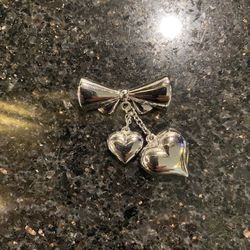 Sterling Silver Bow Pin with Two Dangling Hearts
