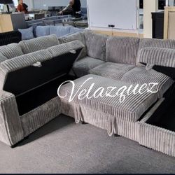 ✅️✅️4 pc Smoke grey fur like corduroy fabric sectional sofa with storage chaise and love seat and pop up sleep area in center USB charging✅️✅️
