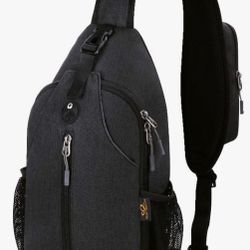 Versatile WATERFLY sling bag in black. This crossbody chest bag has multiple zippered compartments for all your stuff