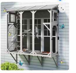 PETSCOSSET 68‘’L Wooden Cat Catio, Expandable Window Box Enclosure for Multiple Indoor Cats