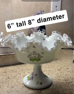 Fenton Milk Glass Ruffled Compote with Violets