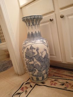 Large Blue and White Ceramic Peacock Vase