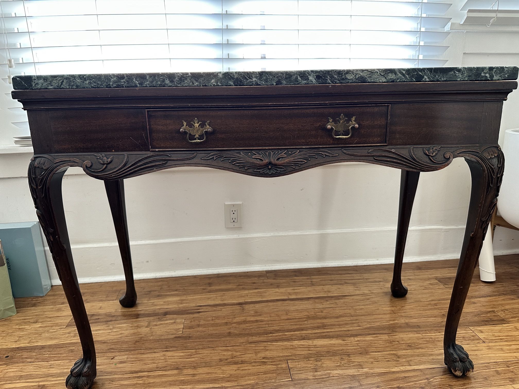 Early 1900s Mahogany Chippendale Console w/Marble Top